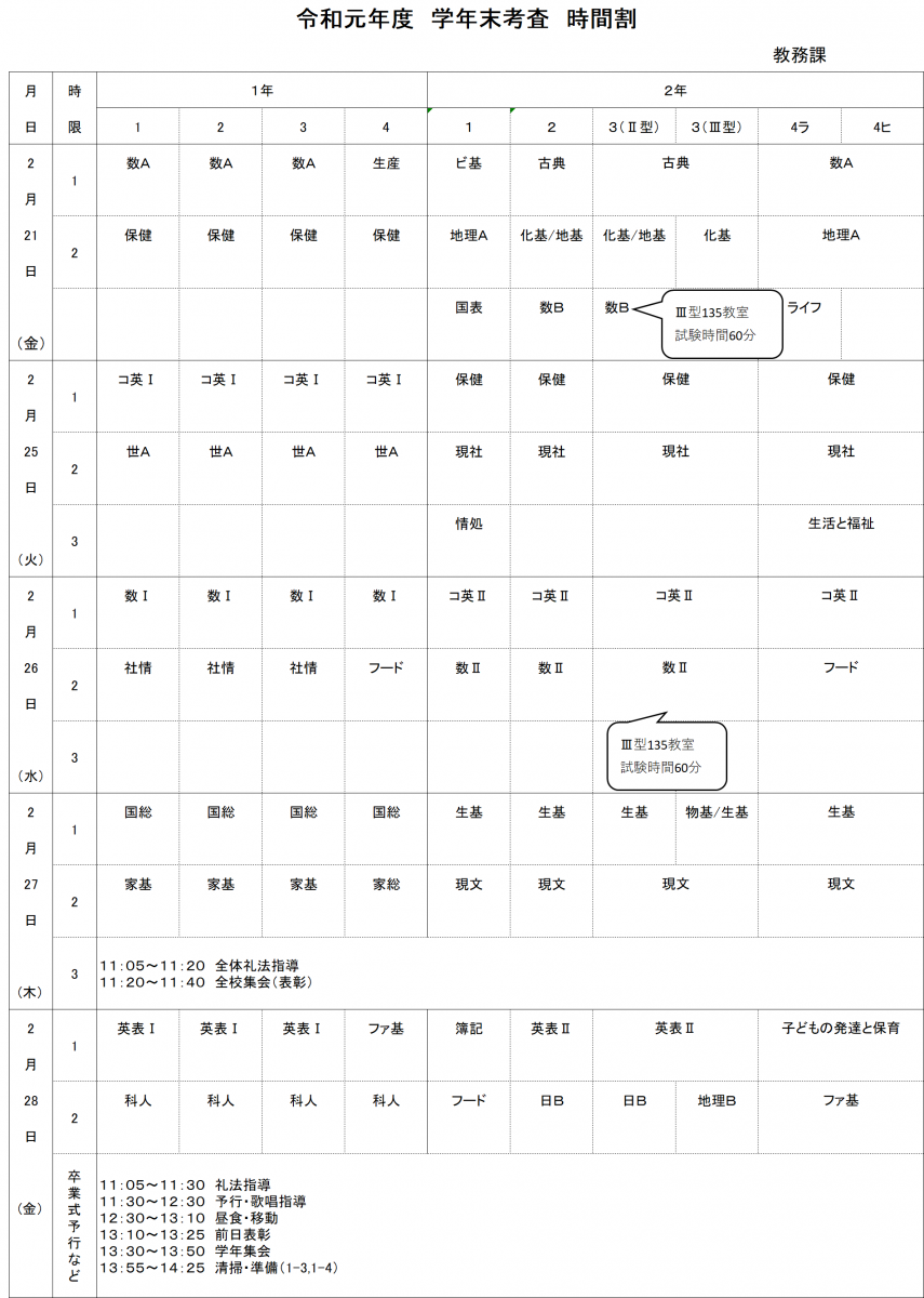 学年末考査時間割